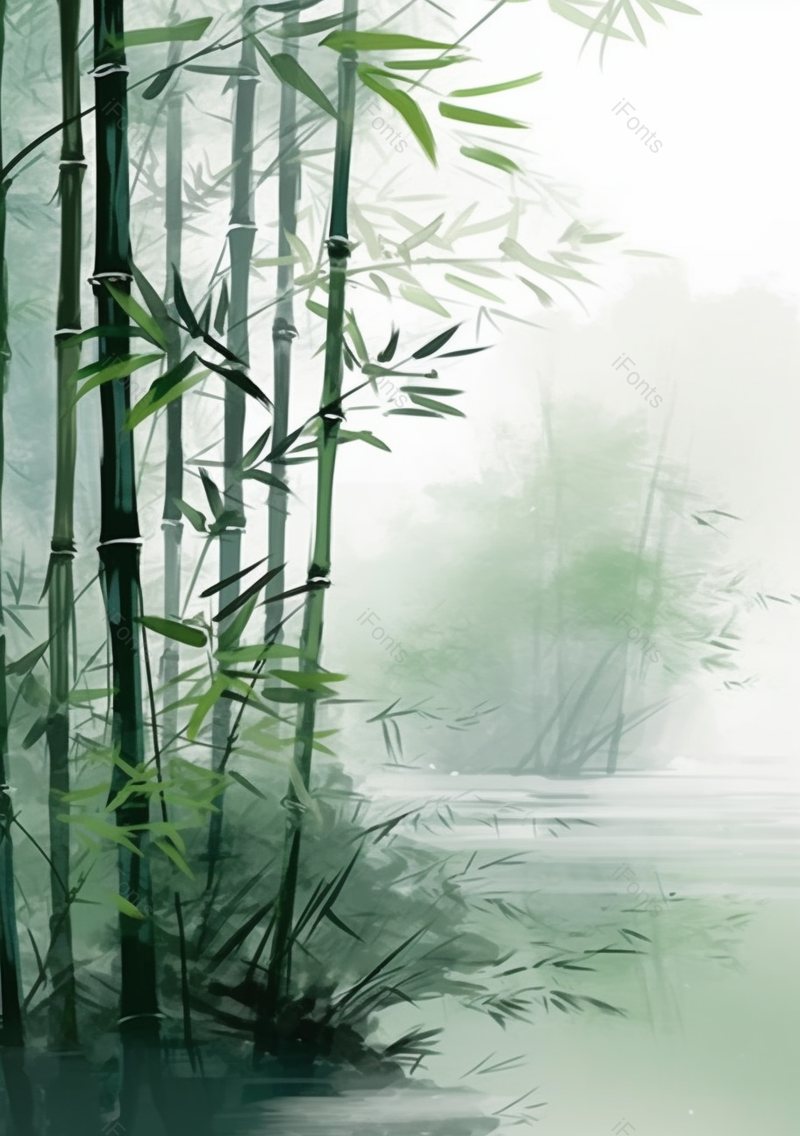 水彩画绿色的竹子竹林竹叶小溪湖泊流水背景雾气弥漫文艺插画,插画/手绘图,插画/手绘图库,插画/手绘图下载,插画/手绘
